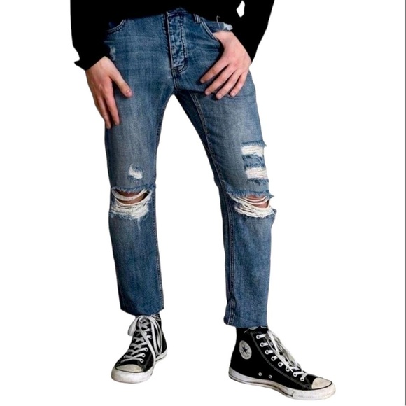 Man X Men’s Jeans Mr Whites Relaxed Slung Taper Leg Blue New Grunge Punk Torn